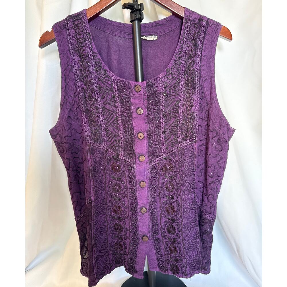 Purple Embroidered Boho Vest Button Front Tie Back Size XXL